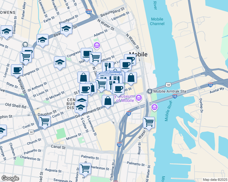 map of restaurants, bars, coffee shops, grocery stores, and more near 12 North Joachim Street in Mobile