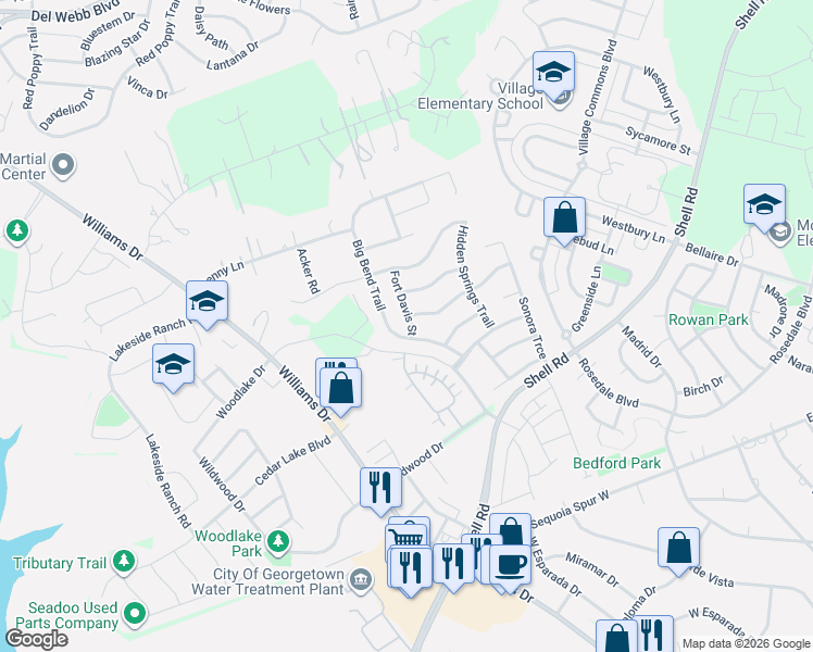 map of restaurants, bars, coffee shops, grocery stores, and more near 5036 Big Bend Trail in Georgetown