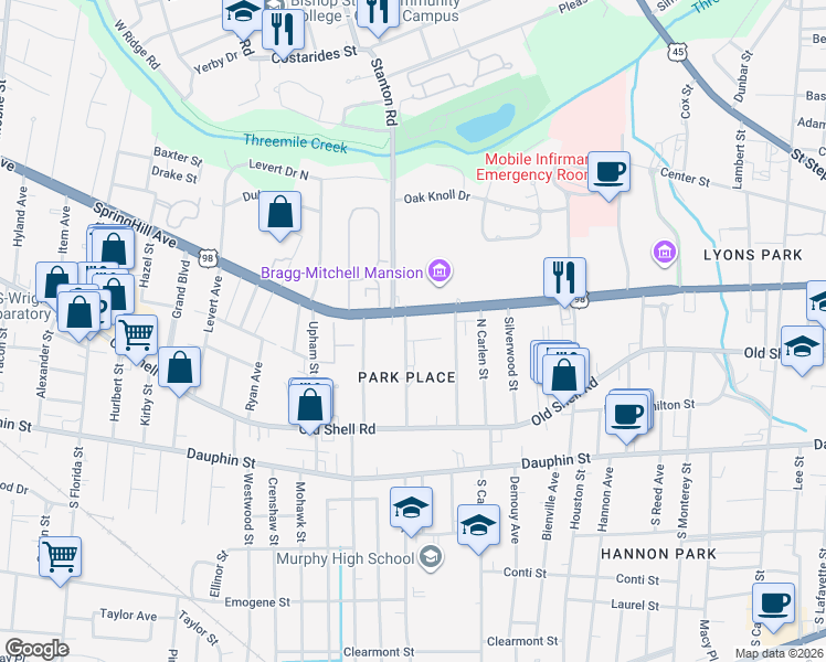 map of restaurants, bars, coffee shops, grocery stores, and more near 1959 Spring Hill Ave in Mobile