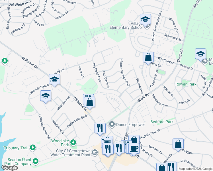 map of restaurants, bars, coffee shops, grocery stores, and more near 5036 Big Bend Trail in Georgetown