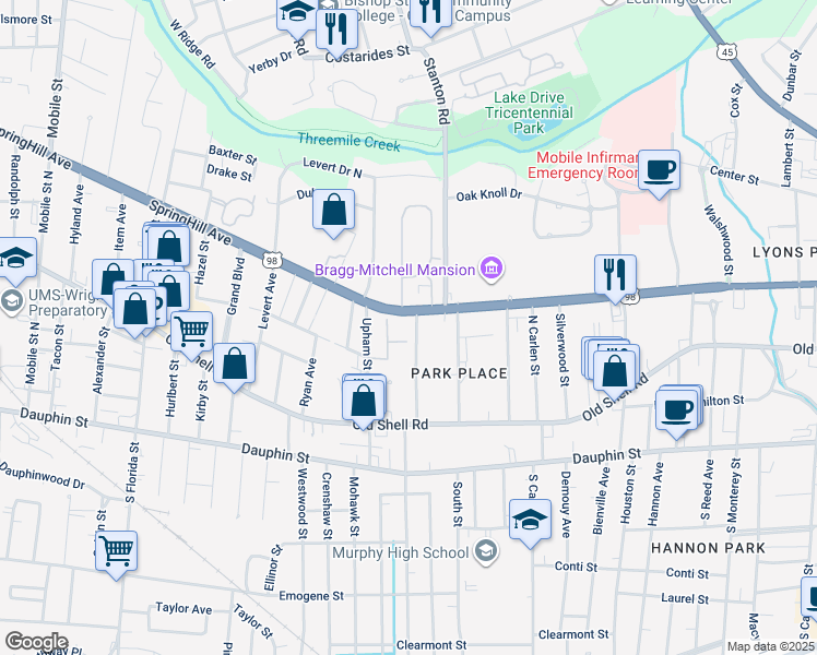 map of restaurants, bars, coffee shops, grocery stores, and more near 143 Florence Place in Mobile