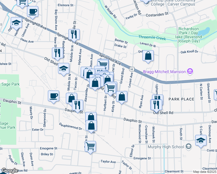 map of restaurants, bars, coffee shops, grocery stores, and more near 100 North Florida Street in Mobile