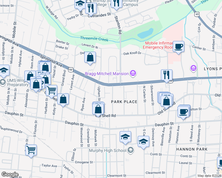 map of restaurants, bars, coffee shops, grocery stores, and more near 143 Florence Place in Mobile