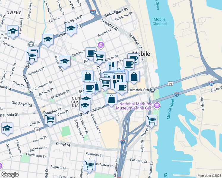 map of restaurants, bars, coffee shops, grocery stores, and more near Dauphin Street in Mobile