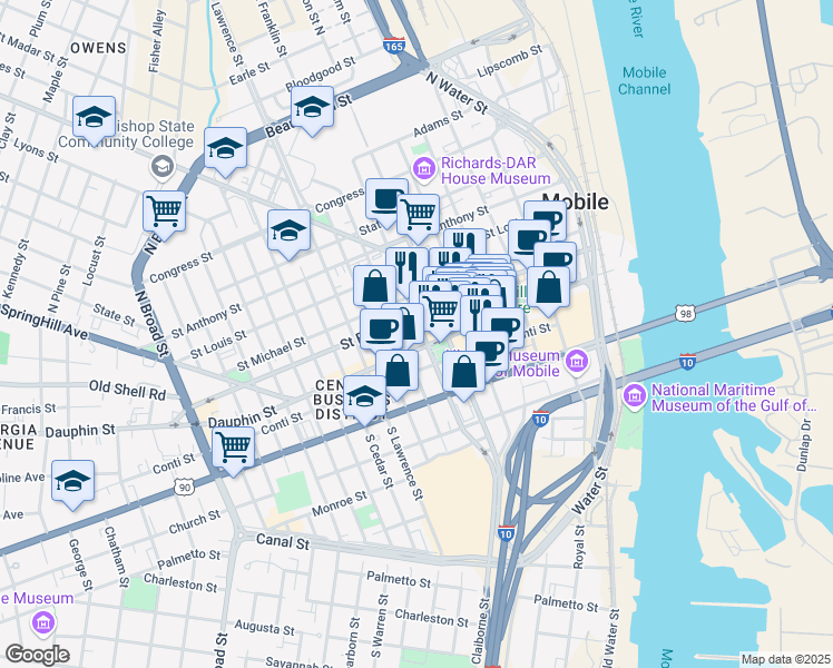 map of restaurants, bars, coffee shops, grocery stores, and more near 5 North Claiborne Street in Mobile