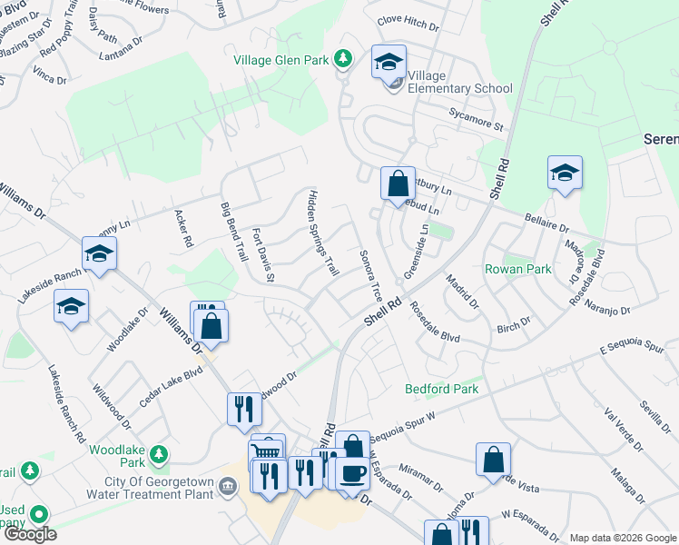 map of restaurants, bars, coffee shops, grocery stores, and more near 113 Longhorn Cavern Cove in Georgetown