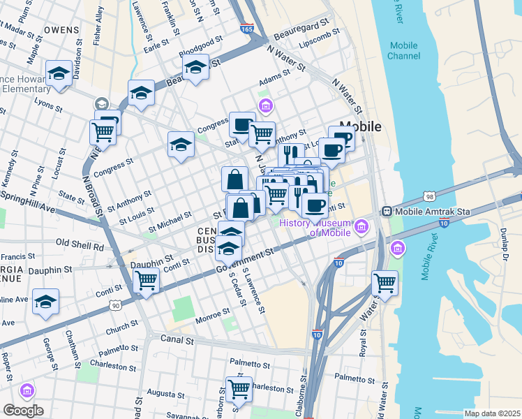 map of restaurants, bars, coffee shops, grocery stores, and more near 5 North Claiborne Street in Mobile