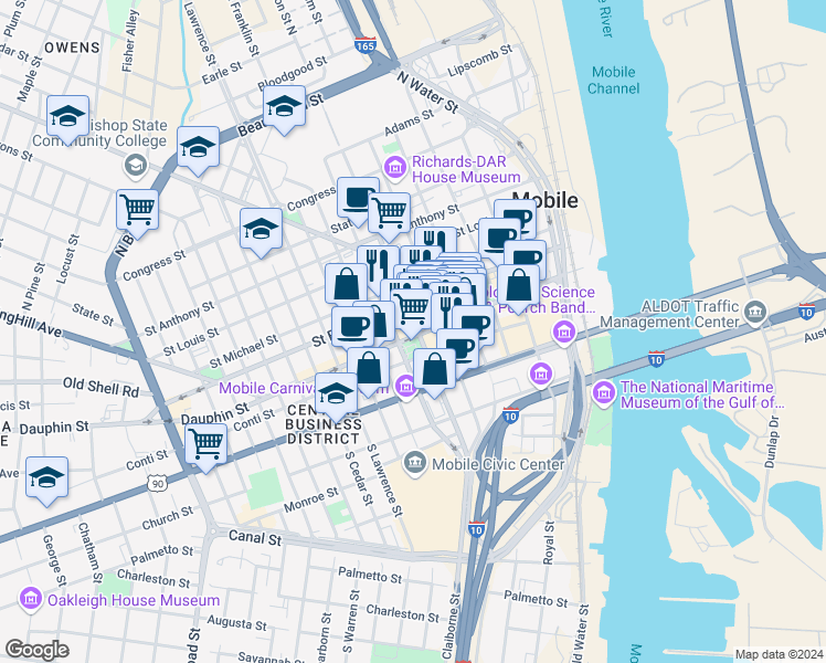 map of restaurants, bars, coffee shops, grocery stores, and more near in Mobile