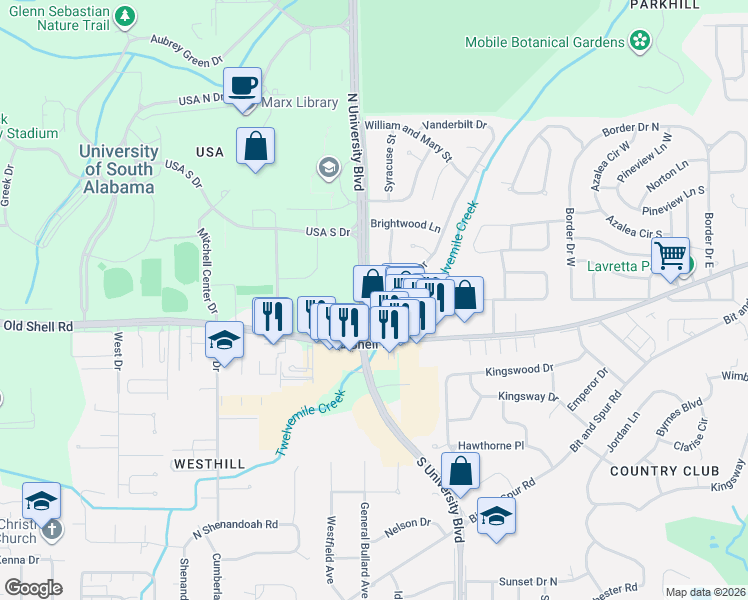 map of restaurants, bars, coffee shops, grocery stores, and more near in Mobile