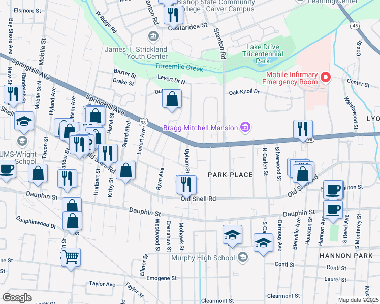 map of restaurants, bars, coffee shops, grocery stores, and more near 214 Upham Street in Mobile