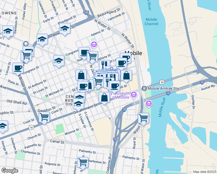 map of restaurants, bars, coffee shops, grocery stores, and more near 12 North Joachim Street in Mobile