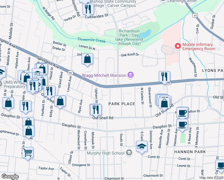 map of restaurants, bars, coffee shops, grocery stores, and more near in Mobile