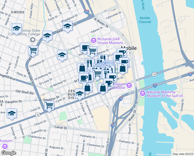 map of restaurants, bars, coffee shops, grocery stores, and more near 7 North Jackson Street in Mobile