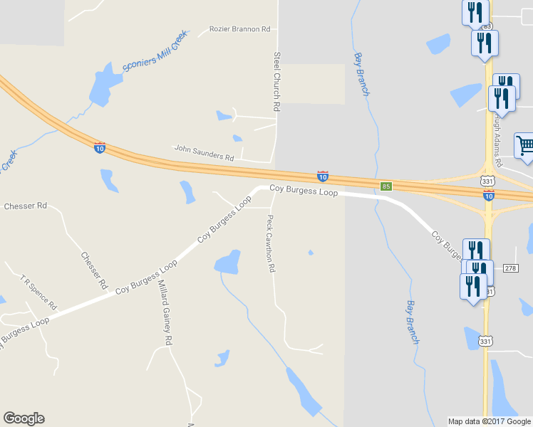 map of restaurants, bars, coffee shops, grocery stores, and more near 34-36 Hall Platation Rd in DeFuniak Springs