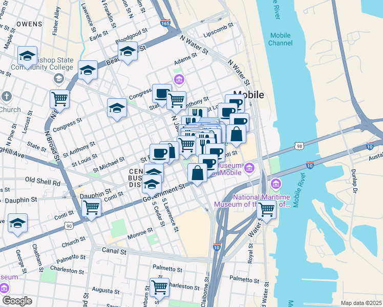 map of restaurants, bars, coffee shops, grocery stores, and more near 12 North Joachim Street in Mobile