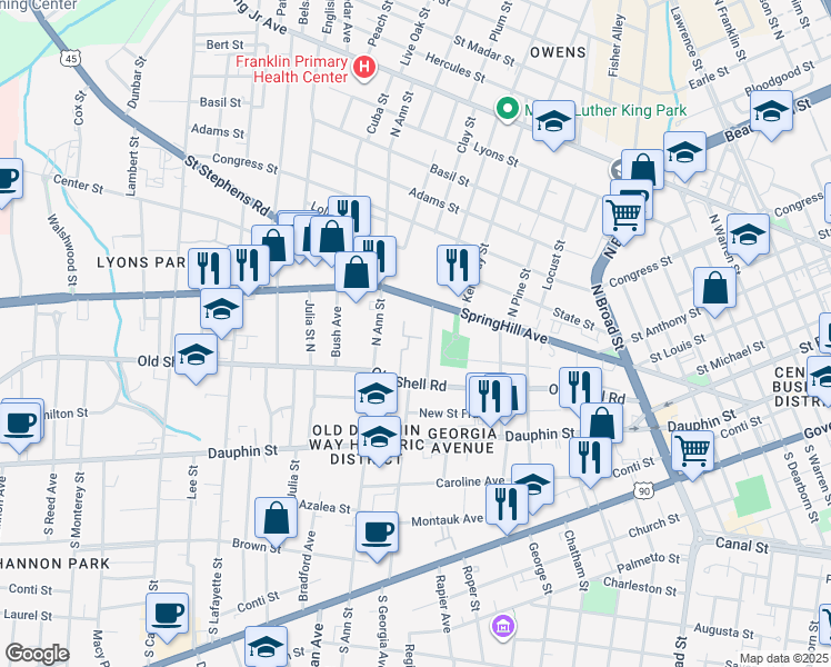 map of restaurants, bars, coffee shops, grocery stores, and more near 1201 Spring Hill Avenue in Mobile