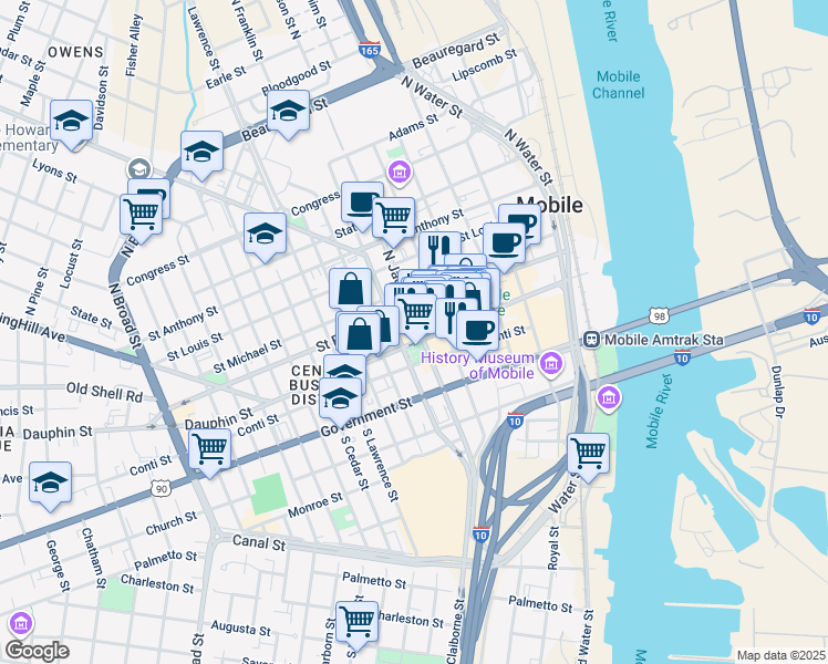 map of restaurants, bars, coffee shops, grocery stores, and more near 7 North Jackson Street in Mobile
