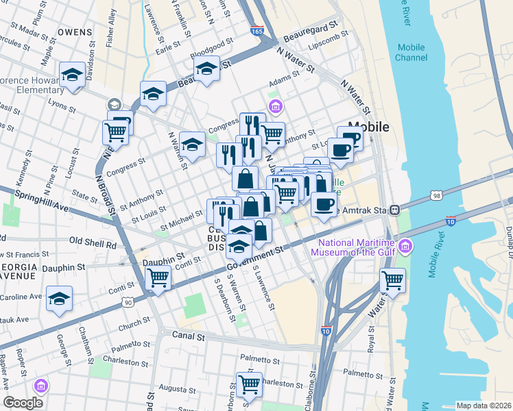 map of restaurants, bars, coffee shops, grocery stores, and more near 401 Saint Francis Street in Mobile