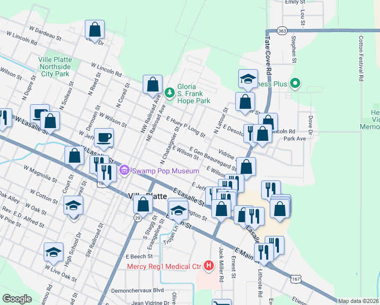map of restaurants, bars, coffee shops, grocery stores, and more near 201-499 East Gen Beauregard Street in Ville Platte