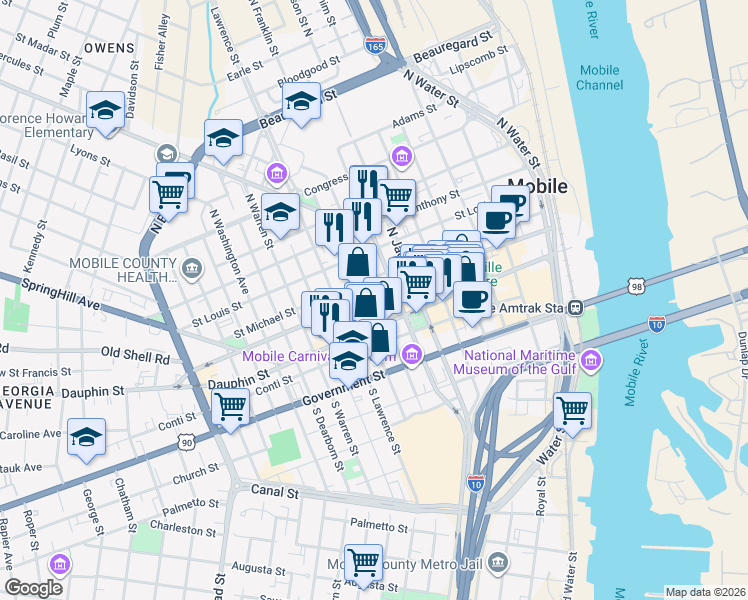 map of restaurants, bars, coffee shops, grocery stores, and more near 356 Saint Francis Street in Mobile