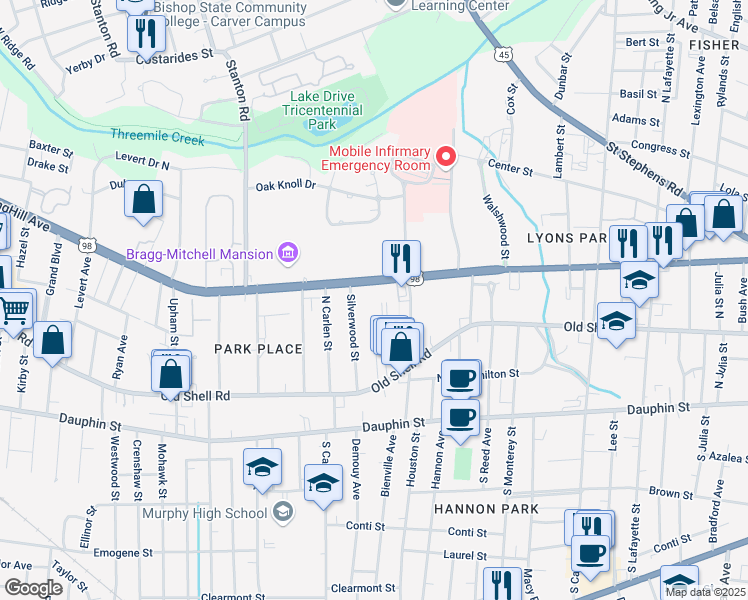 map of restaurants, bars, coffee shops, grocery stores, and more near 1769 SpringHill Avenue in Mobile