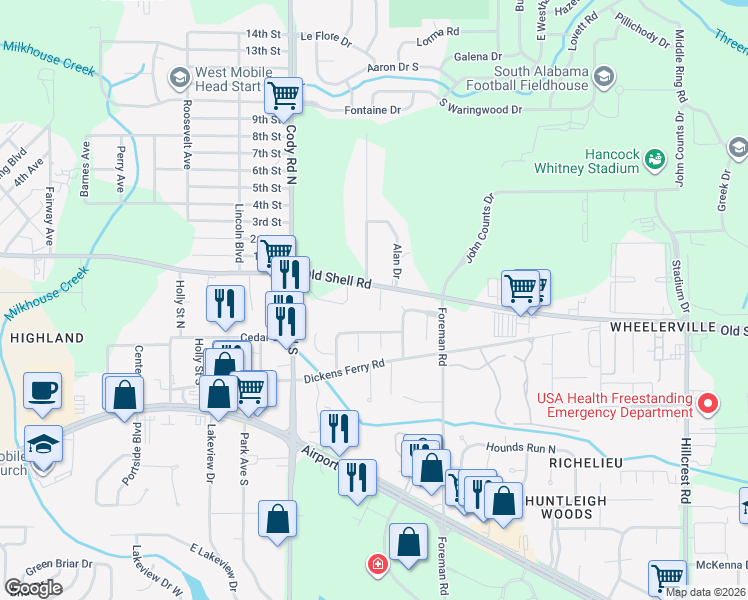 map of restaurants, bars, coffee shops, grocery stores, and more near 7001 Old Shell Road in Mobile