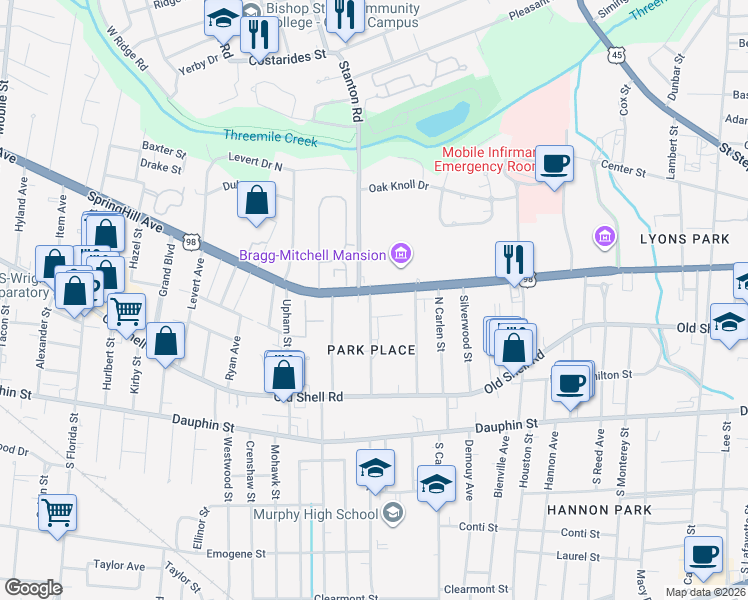 map of restaurants, bars, coffee shops, grocery stores, and more near 1959 Spring Hill Ave in Mobile