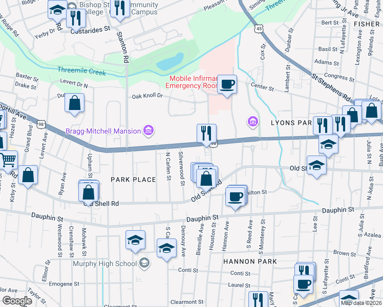 map of restaurants, bars, coffee shops, grocery stores, and more near 1769 SpringHill Avenue in Mobile