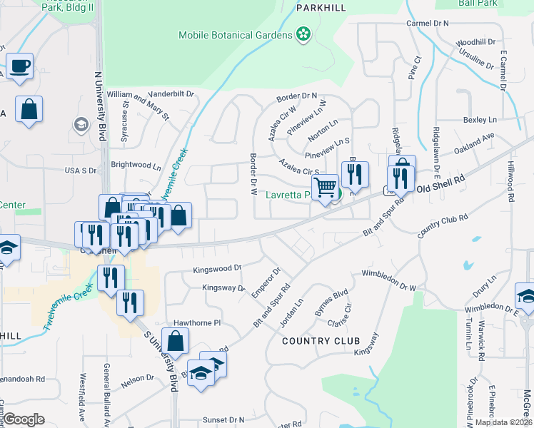 map of restaurants, bars, coffee shops, grocery stores, and more near 107 Overhill Road in Mobile