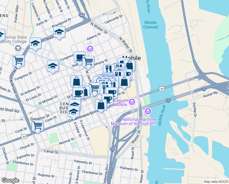 map of restaurants, bars, coffee shops, grocery stores, and more near 127 Dauphin Street in Mobile