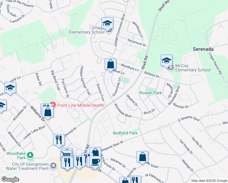 map of restaurants, bars, coffee shops, grocery stores, and more near 140 Greenside Lane in Georgetown
