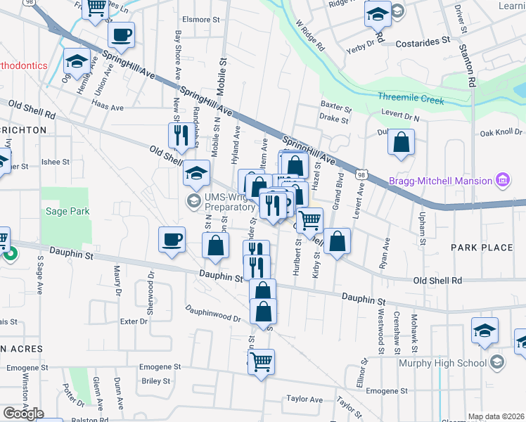 map of restaurants, bars, coffee shops, grocery stores, and more near 2565 Old Shell Road in Mobile