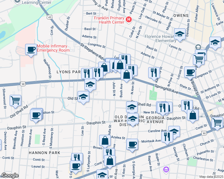 map of restaurants, bars, coffee shops, grocery stores, and more near 115 Julia Street North in Mobile