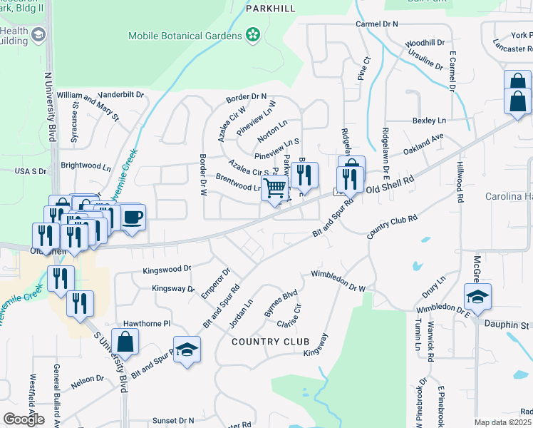 map of restaurants, bars, coffee shops, grocery stores, and more near 5152 Old Shell Road in Mobile