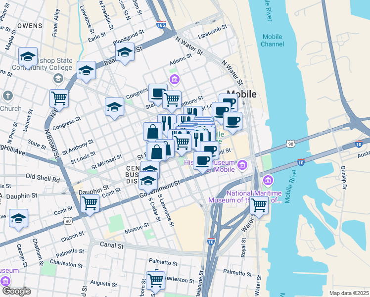 map of restaurants, bars, coffee shops, grocery stores, and more near in Mobile