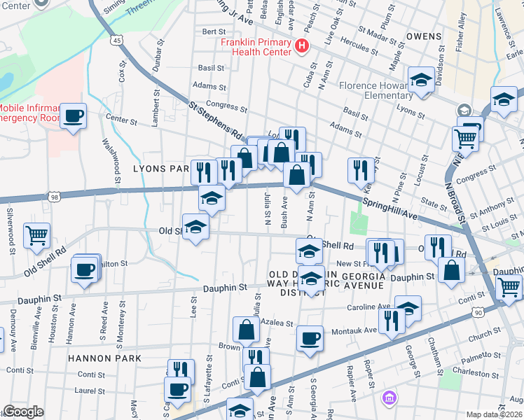 map of restaurants, bars, coffee shops, grocery stores, and more near 115 Julia Street North in Mobile