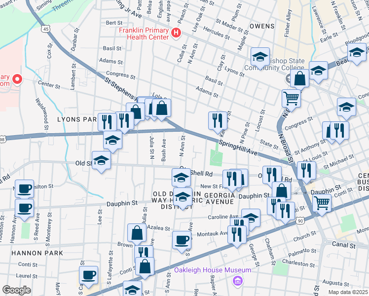 map of restaurants, bars, coffee shops, grocery stores, and more near 118 North Ann Street in Mobile