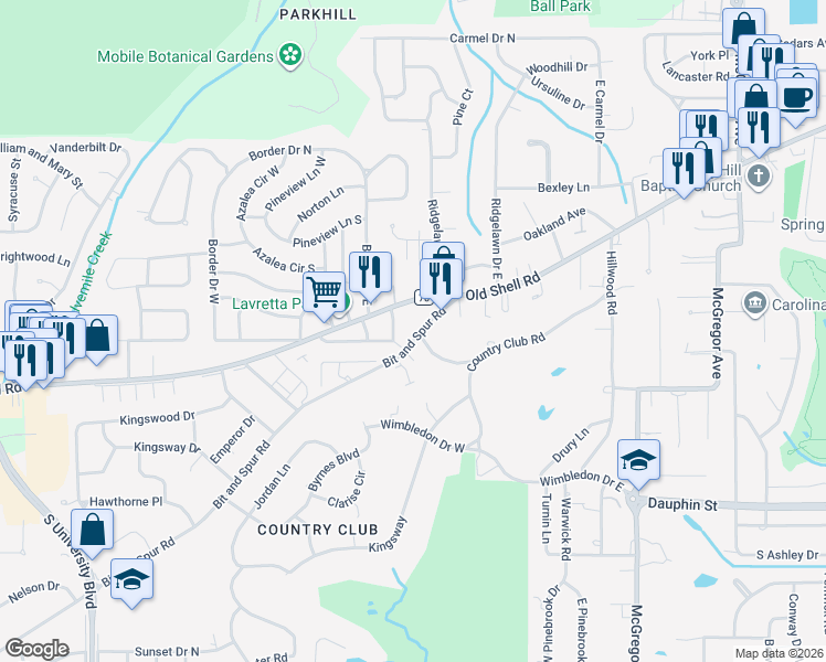 map of restaurants, bars, coffee shops, grocery stores, and more near 1-4231 Bit and Spur Road in Mobile