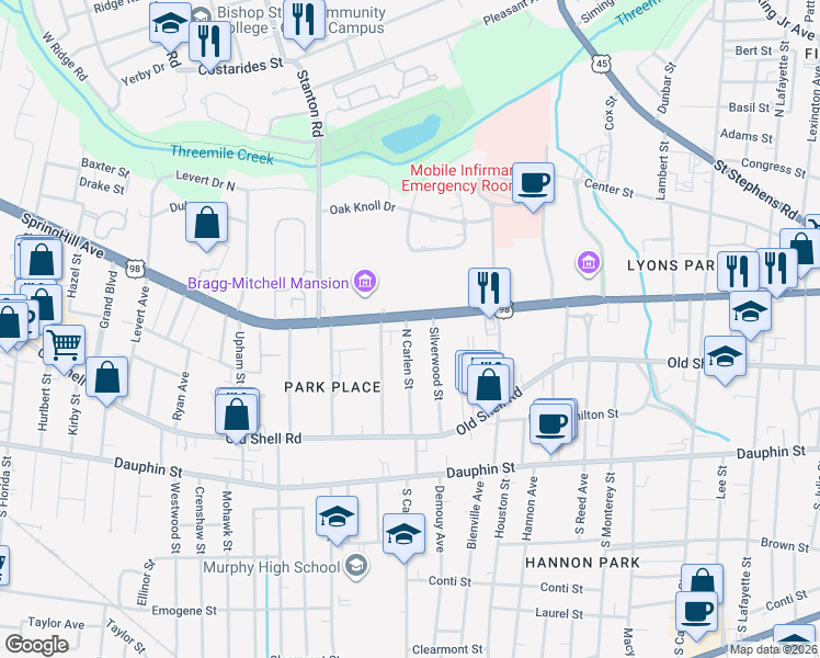 map of restaurants, bars, coffee shops, grocery stores, and more near 1825 SpringHill Avenue in Mobile