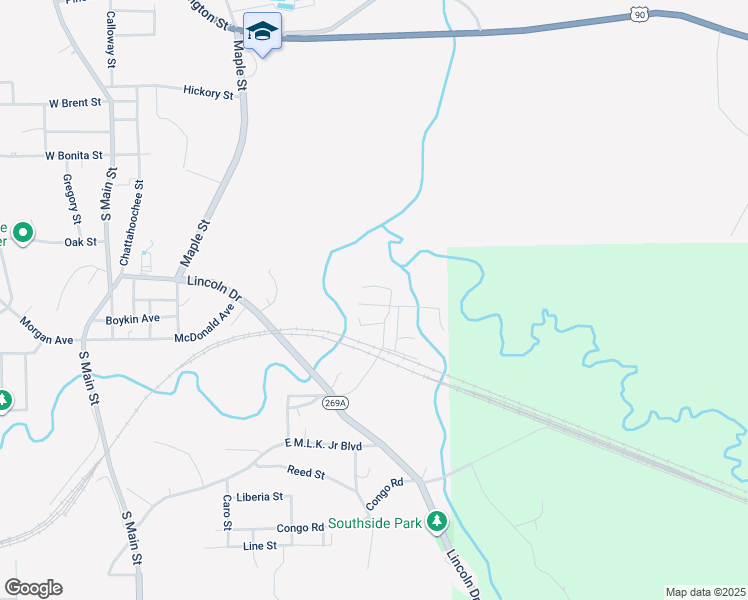 map of restaurants, bars, coffee shops, grocery stores, and more near 521 Branch Street in Chattahoochee