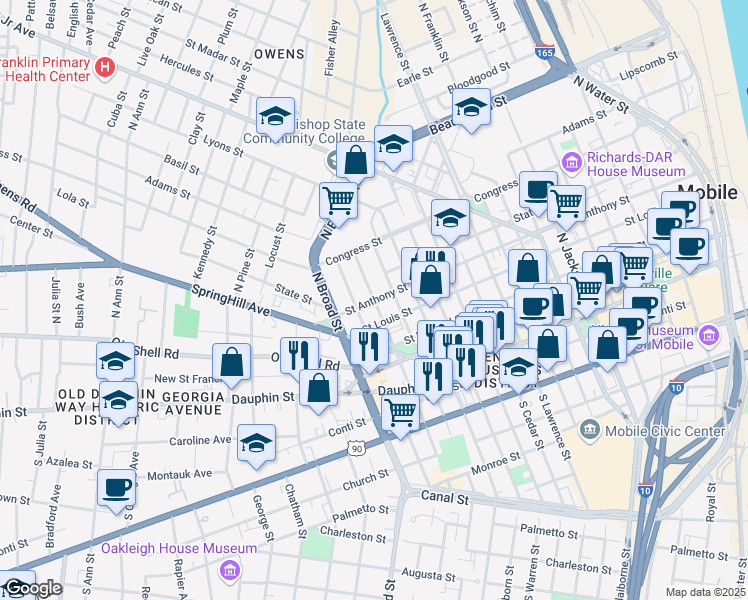 map of restaurants, bars, coffee shops, grocery stores, and more near 800 Saint Anthony Street in Mobile