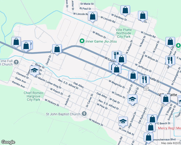 map of restaurants, bars, coffee shops, grocery stores, and more near 1001 West Magnolia Street in Ville Platte