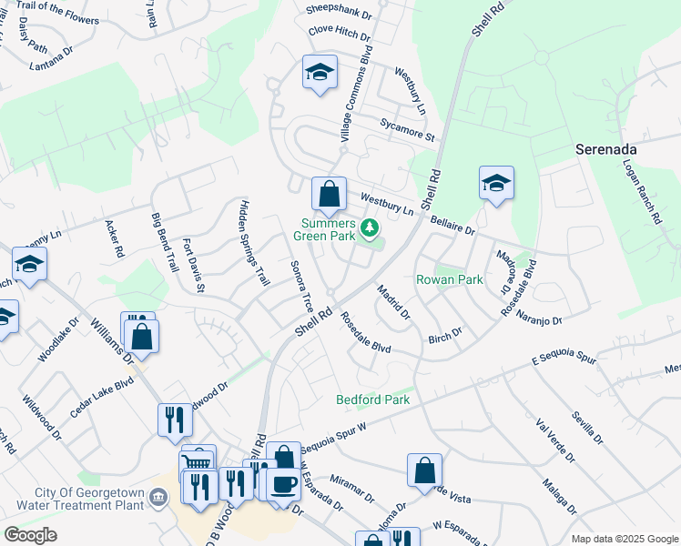 map of restaurants, bars, coffee shops, grocery stores, and more near 140 Greenside Lane in Georgetown