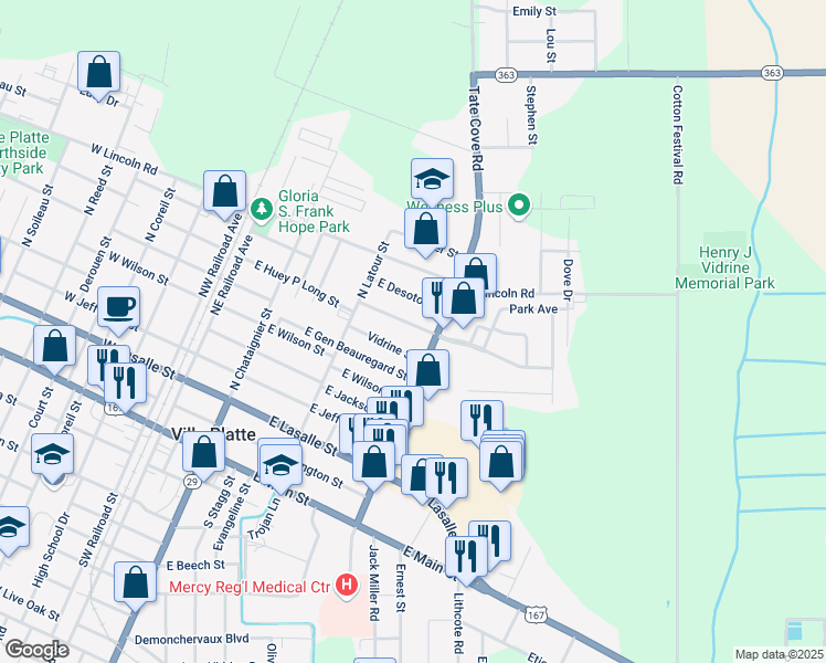 map of restaurants, bars, coffee shops, grocery stores, and more near 624 East Huey P Long Street in Ville Platte