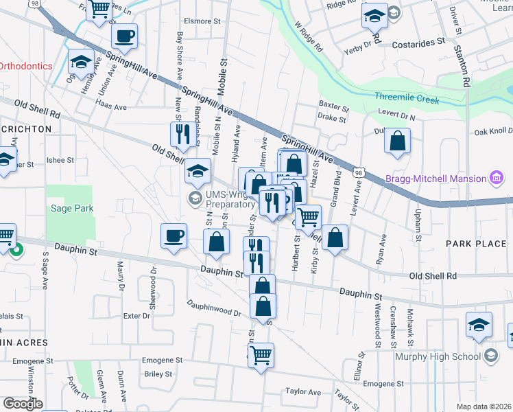 map of restaurants, bars, coffee shops, grocery stores, and more near 2565 Old Shell Road in Mobile