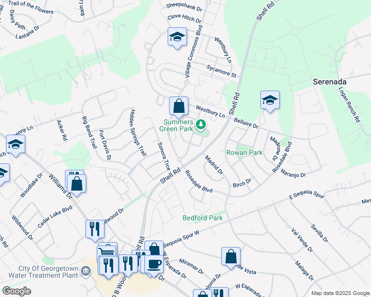 map of restaurants, bars, coffee shops, grocery stores, and more near 130 Greenside Lane in Georgetown