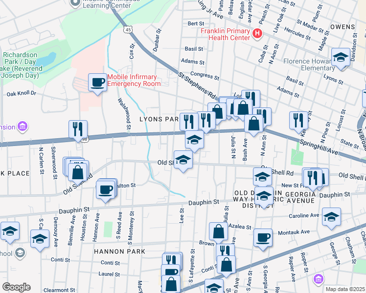 map of restaurants, bars, coffee shops, grocery stores, and more near 115 Providence St in Mobile