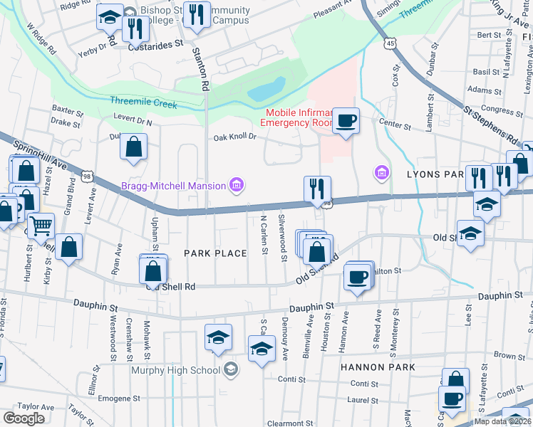 map of restaurants, bars, coffee shops, grocery stores, and more near 1825 SpringHill Avenue in Mobile