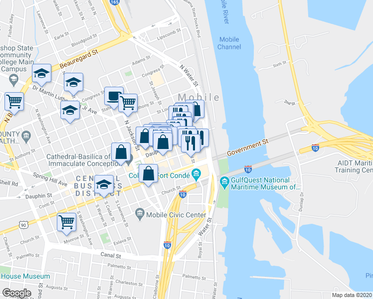 map of restaurants, bars, coffee shops, grocery stores, and more near 20 South Royal Street in Mobile
