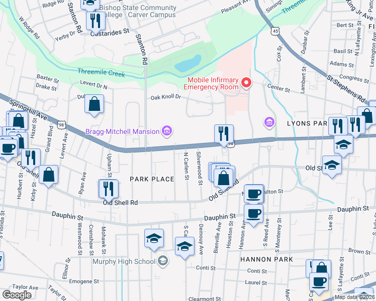 map of restaurants, bars, coffee shops, grocery stores, and more near 1825 SpringHill Avenue in Mobile